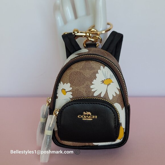 COACH Mini Court Backpack Bag Charm In Signature Canvas With Floral Print-Tan🎈⭐ - Picture 7 of 15